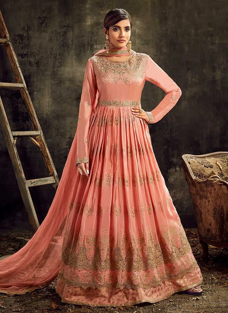 Pink Embroidered Kalidar Anarkali Style Suit