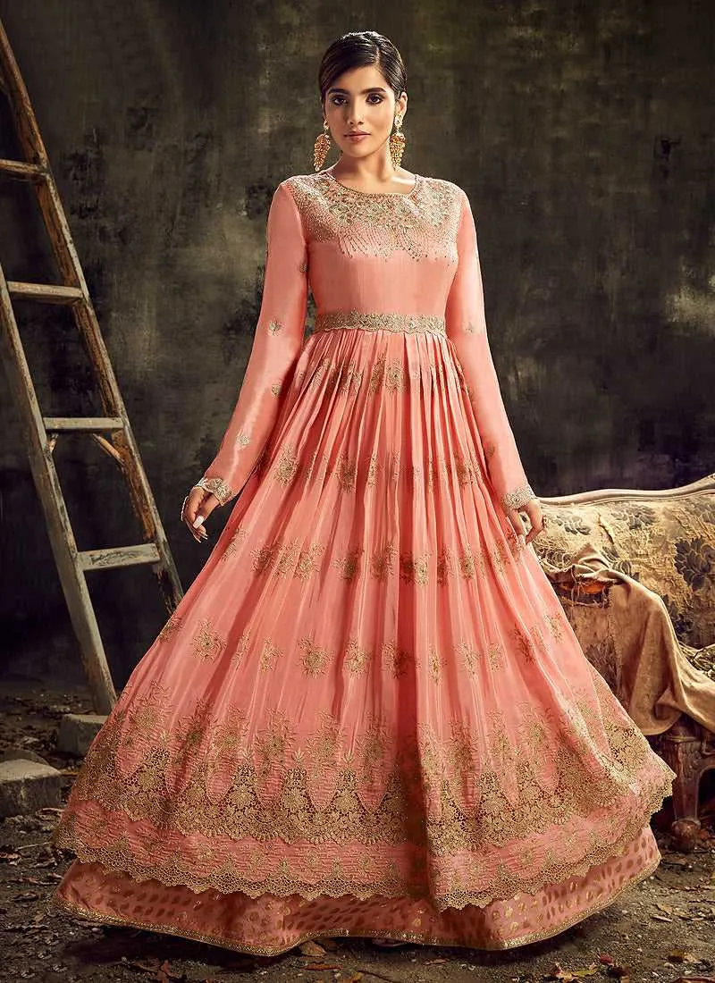 Pink Embroidered Kalidar Anarkali Style Suit