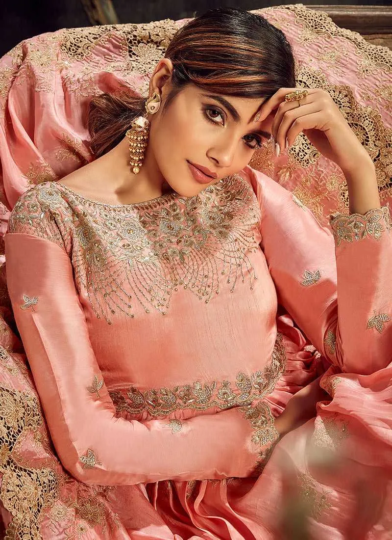 Pink Embroidered Kalidar Anarkali Style Suit