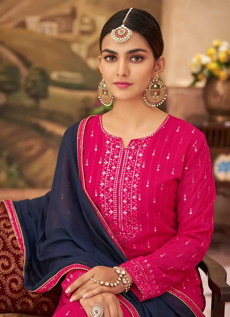 Pink Embroidered Stylish Palazzo Style Suit
