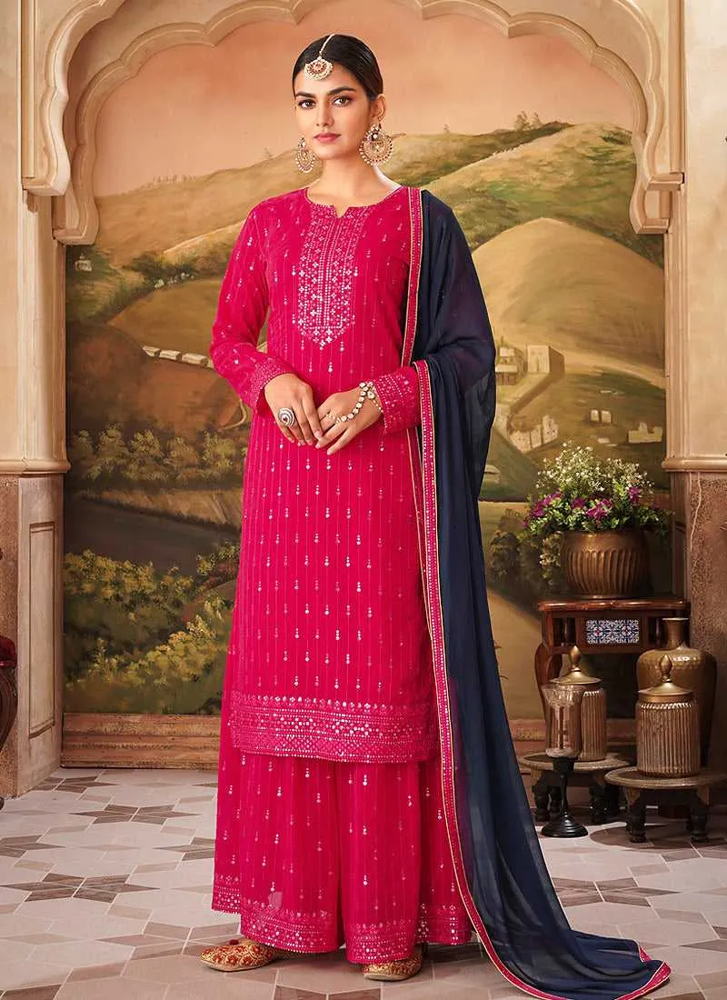 Pink Embroidered Stylish Palazzo Style Suit