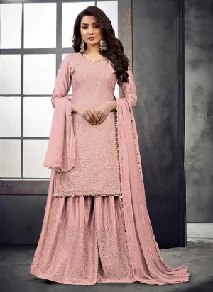 Pink Embroidered Stylish Palazzo Style Suit