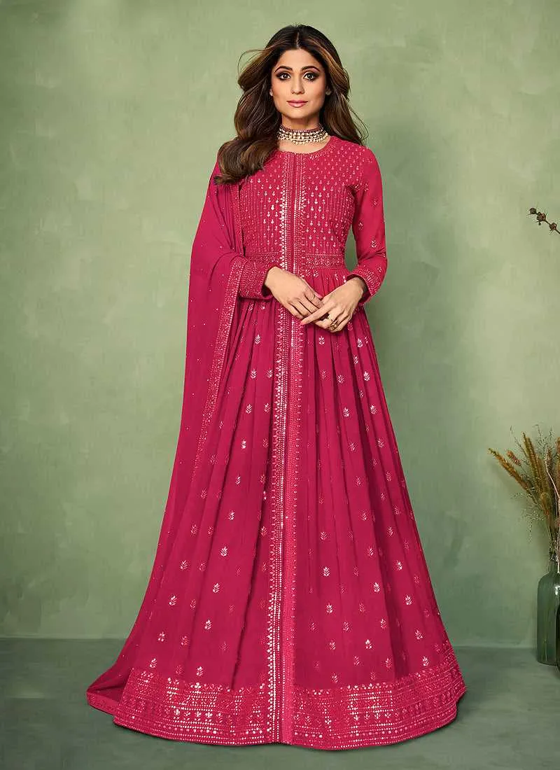 Pink Sequins Embroidered Jacket Style Anarkali Suit
