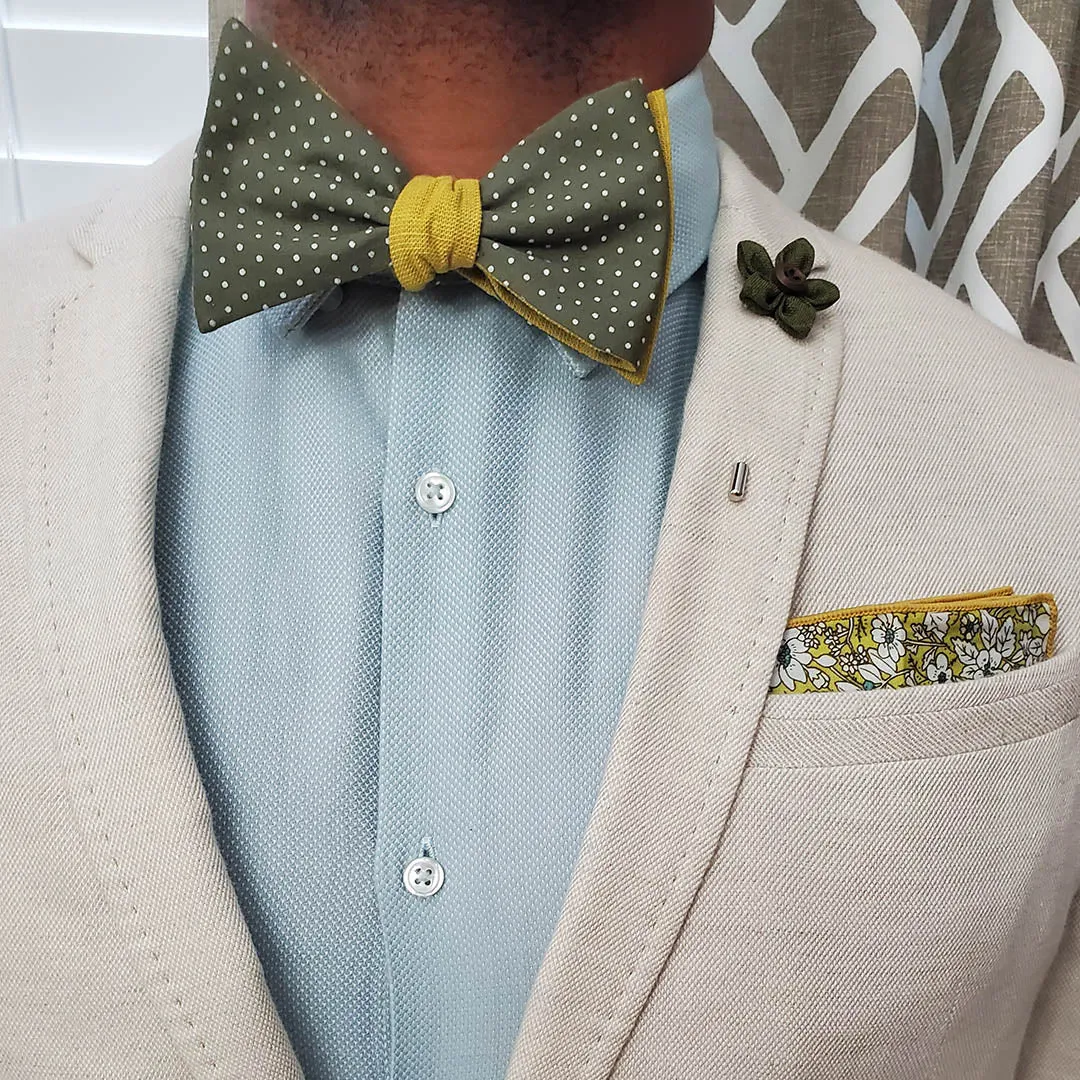 Polka Dot Olive Linen Self Tie Bow Tie