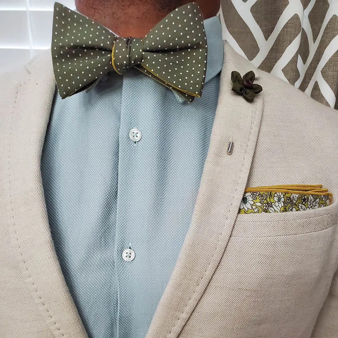 Polka Dot Olive Linen Self Tie Bow Tie