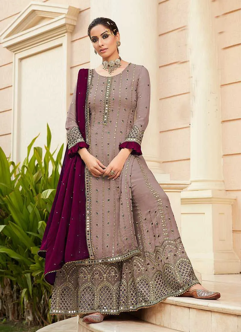 Purple Embroidered Mirror Work Palazzo Style Suit