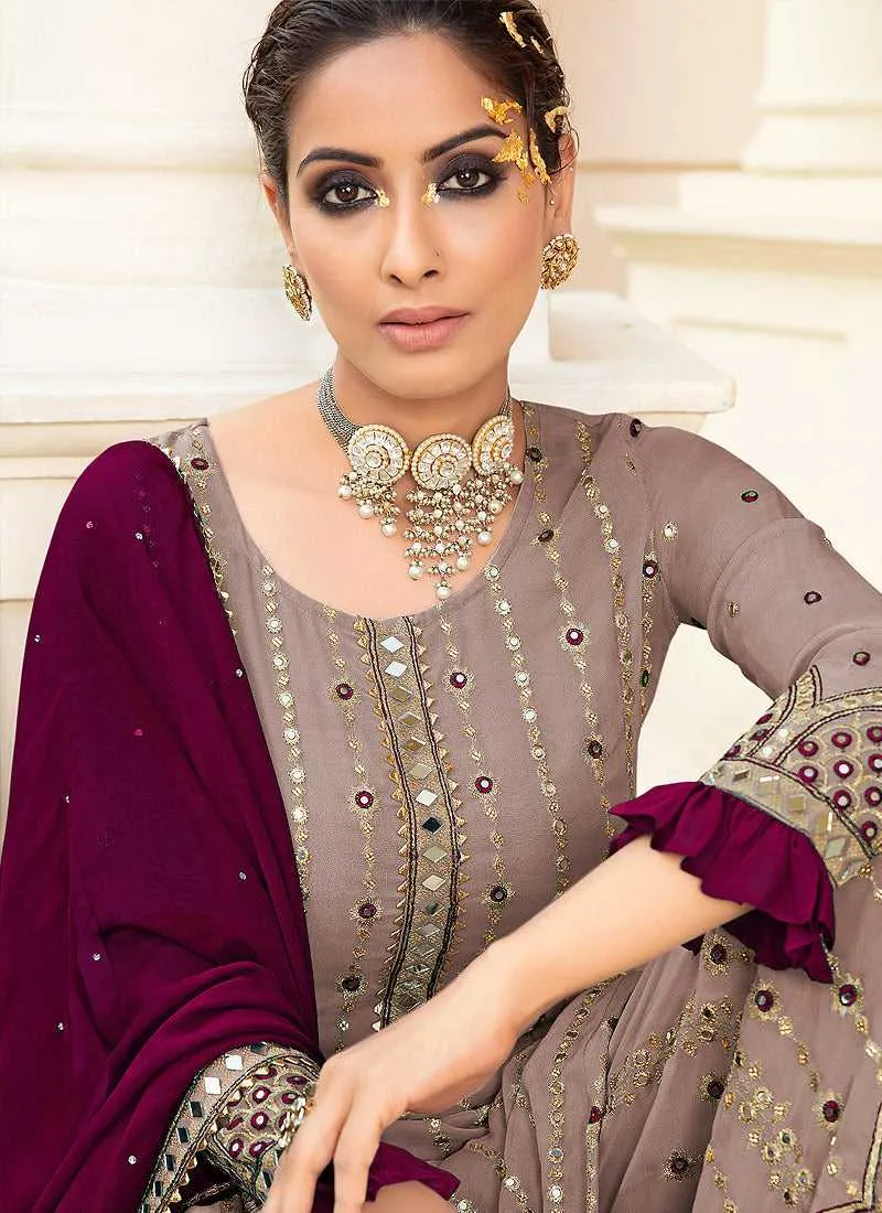 Purple Embroidered Mirror Work Palazzo Style Suit