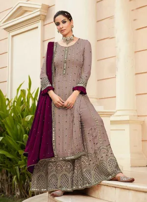 Purple Embroidered Mirror Work Palazzo Style Suit