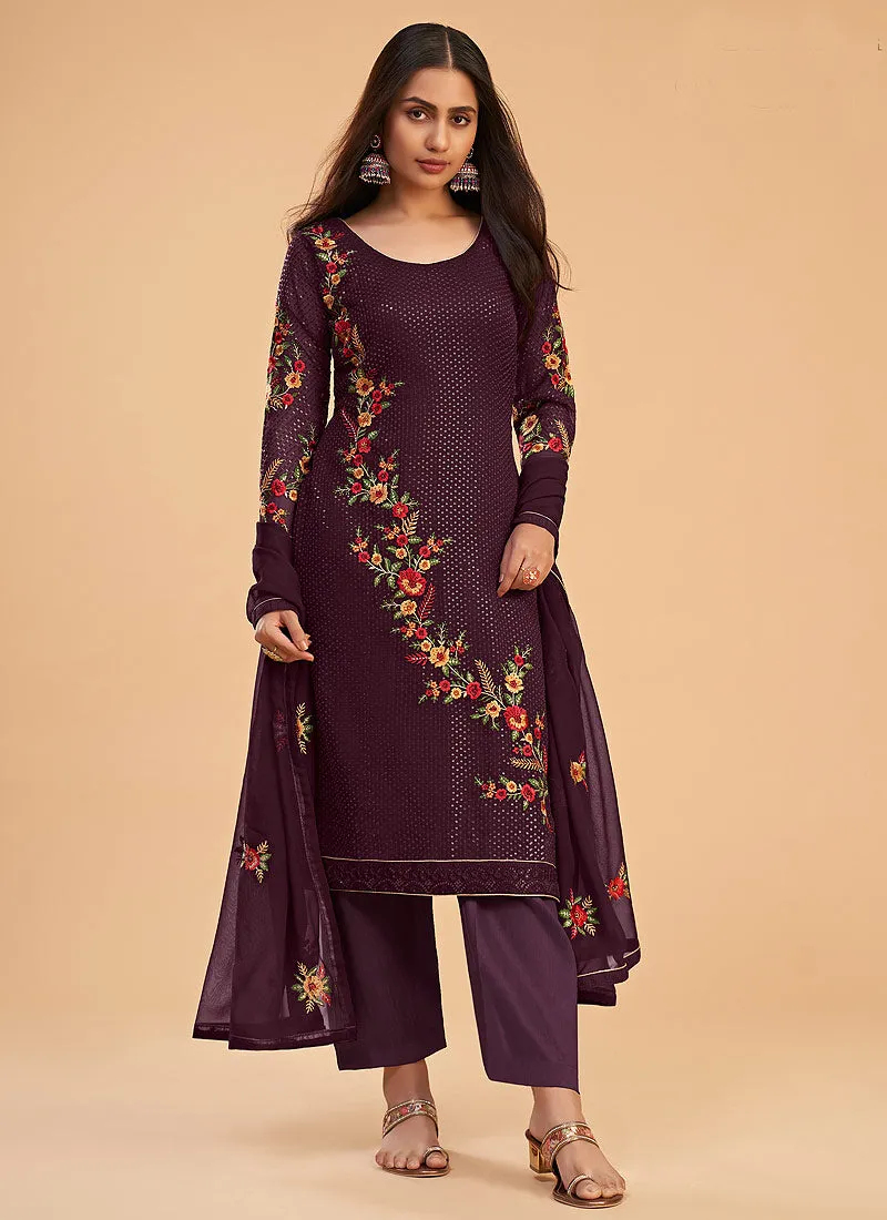 Purple Sequins Embroidered Pant Style Suit