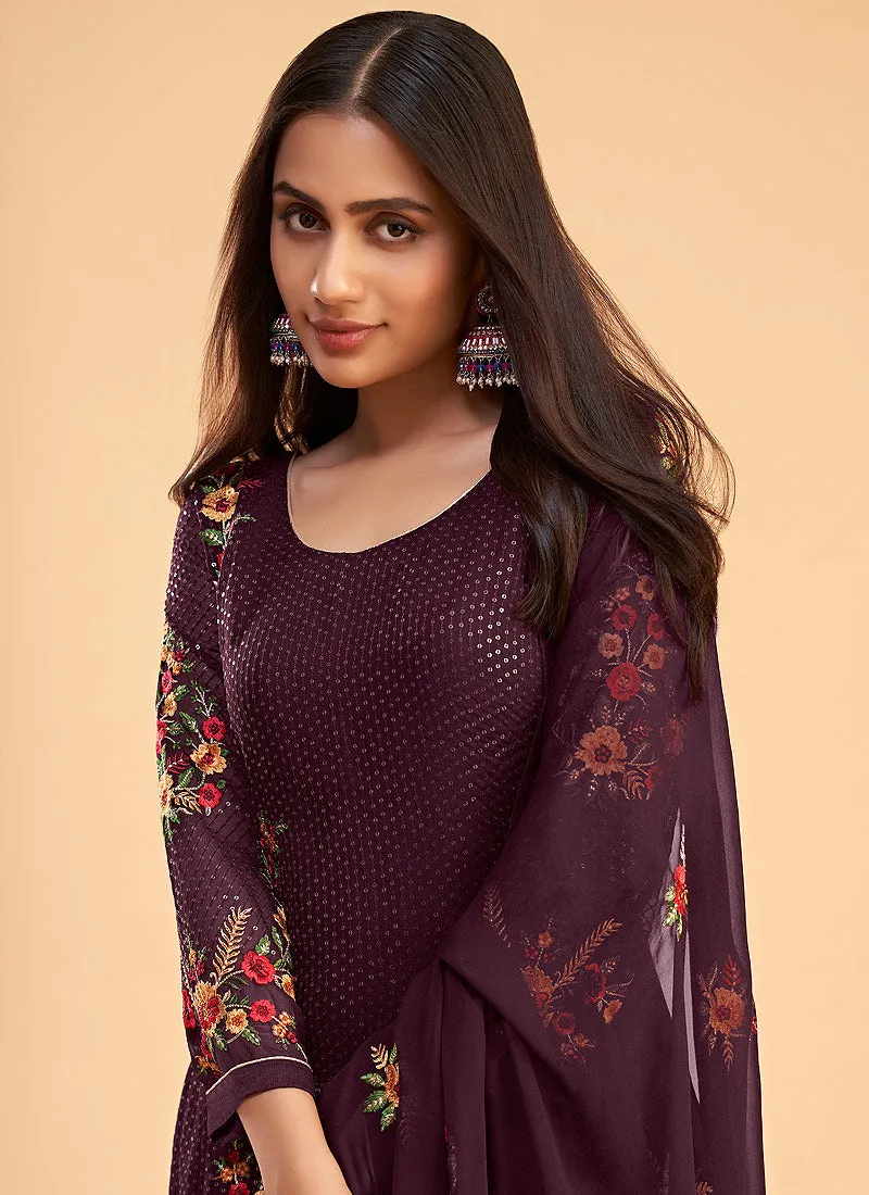 Purple Sequins Embroidered Pant Style Suit
