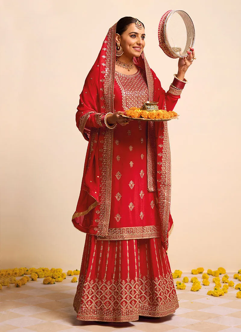 Red and Gold Embroidered Sharara Style Suit