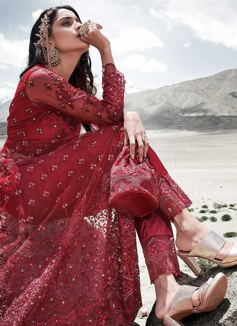 Red Heavy Embroidered Kalidar Lehenga/ Pant Style Anarkali