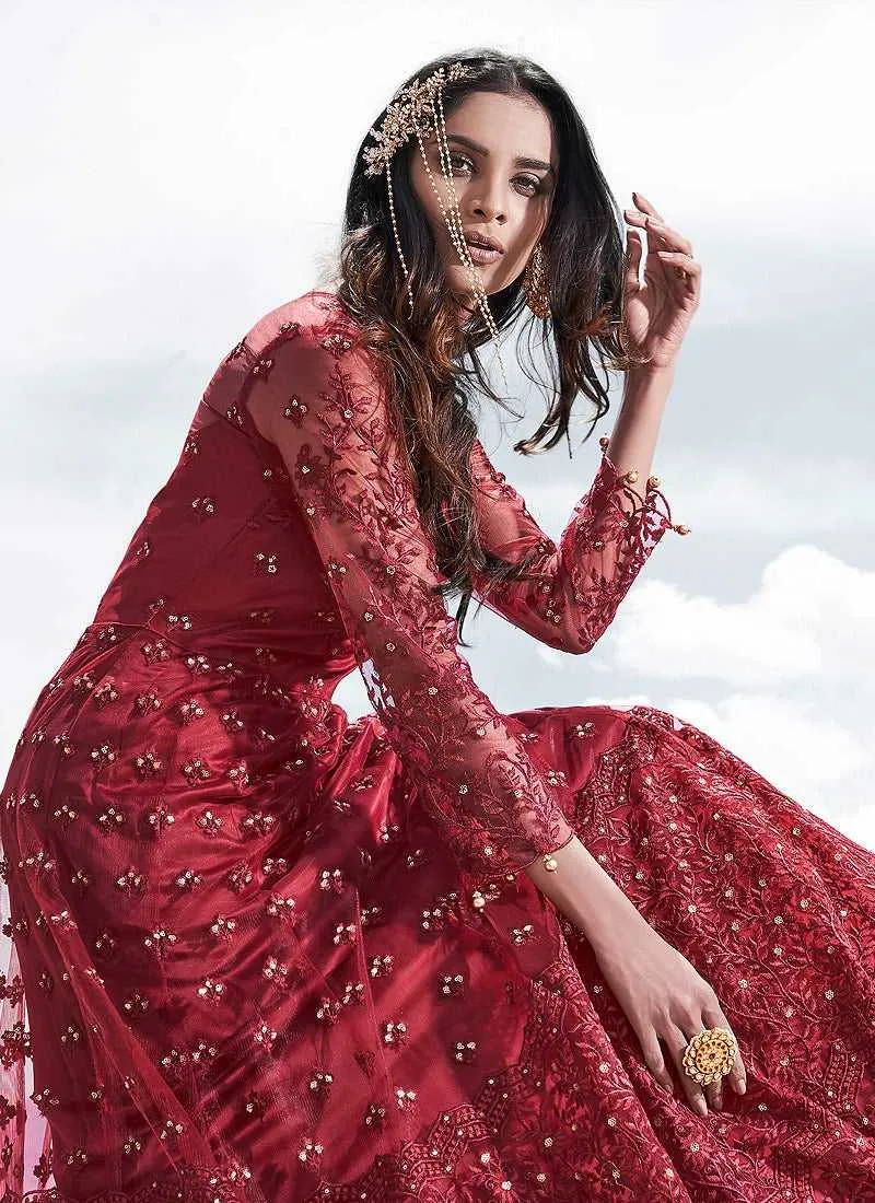 Red Heavy Embroidered Kalidar Lehenga/ Pant Style Anarkali