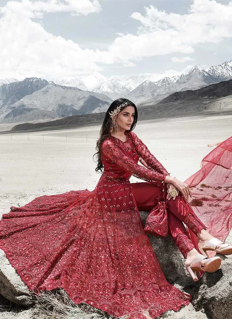 Red Heavy Embroidered Kalidar Lehenga/ Pant Style Anarkali