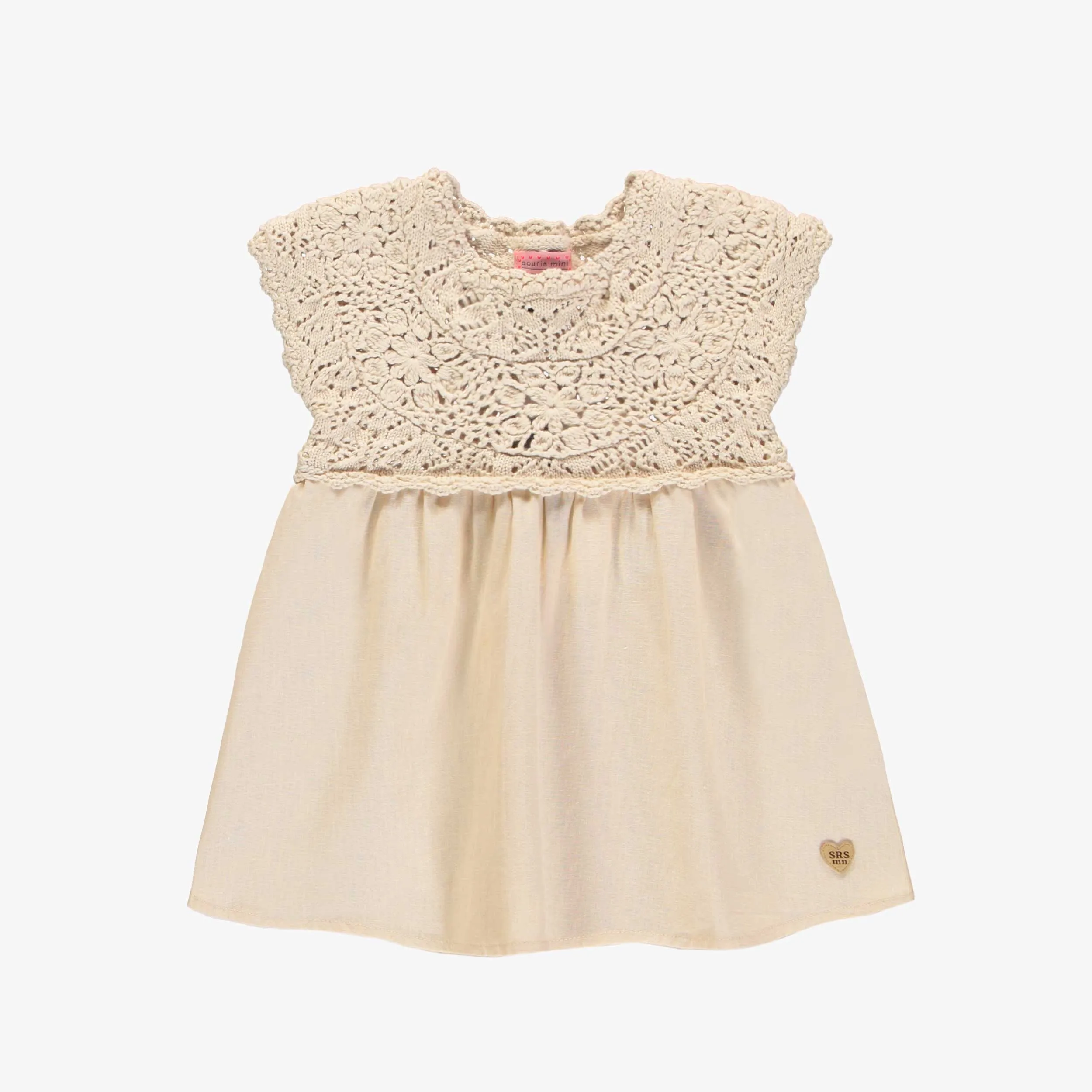 Robe en lin à manches courtes crème avec crochet, bébé || Cream short sleeves linen dress with crochet, baby