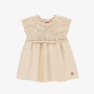 Robe en lin à manches courtes crème avec crochet, bébé || Cream short sleeves linen dress with crochet, baby