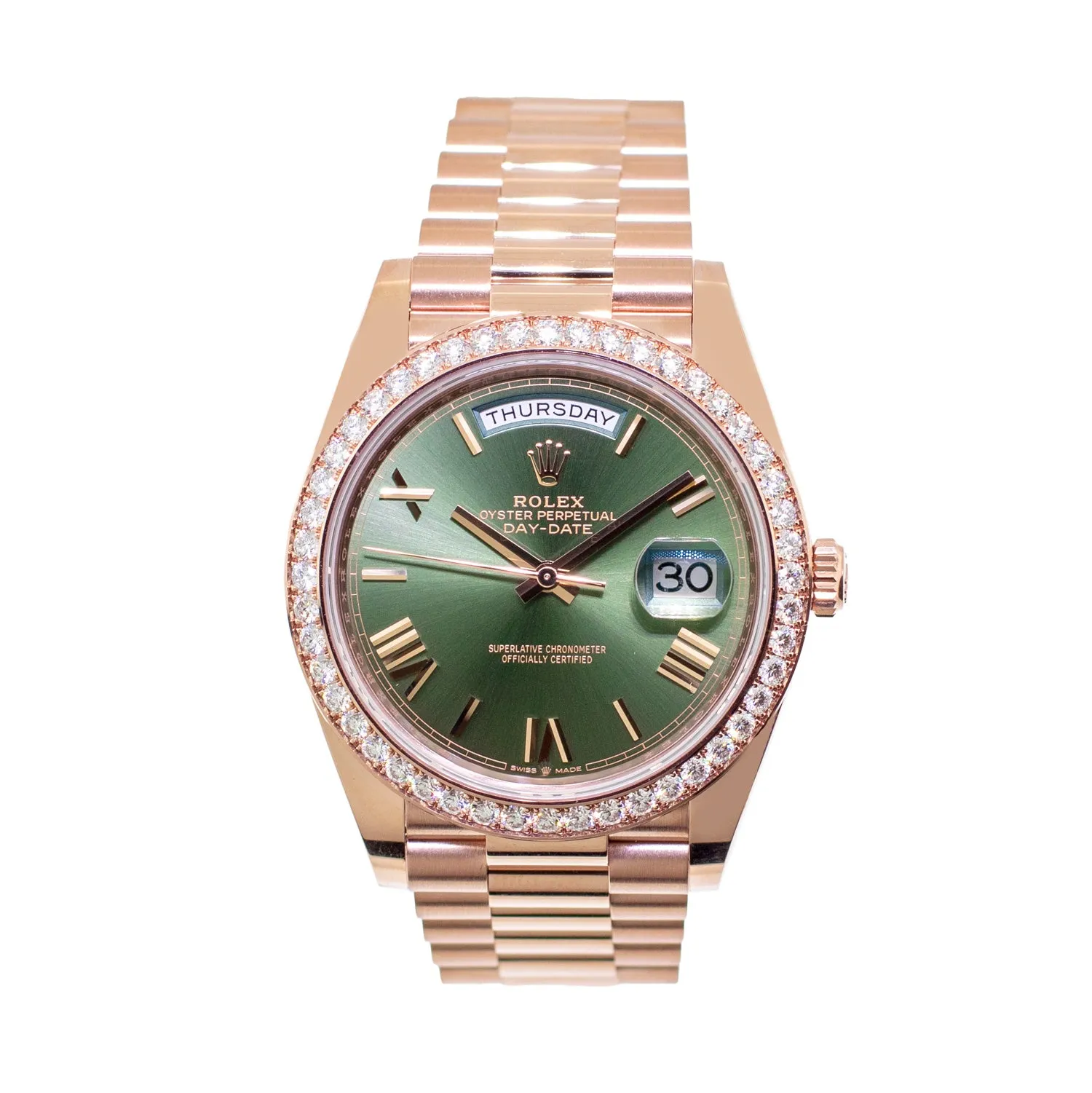 Rolex Day-Date 40mm Everose Gold Olive Green Roman Dial Diamond Bezel 228345