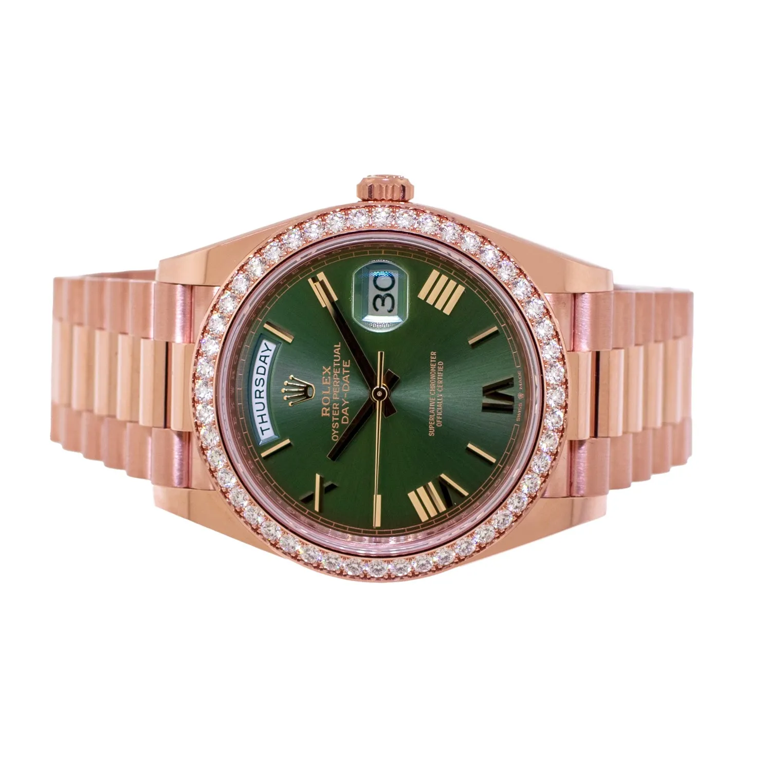 Rolex Day-Date 40mm Everose Gold Olive Green Roman Dial Diamond Bezel 228345