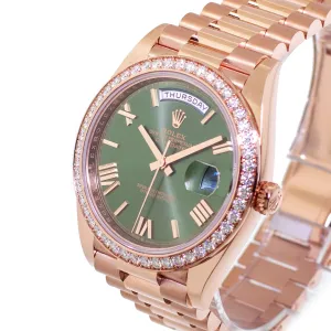 Rolex Day-Date 40mm Everose Gold Olive Green Roman Dial Diamond Bezel 228345