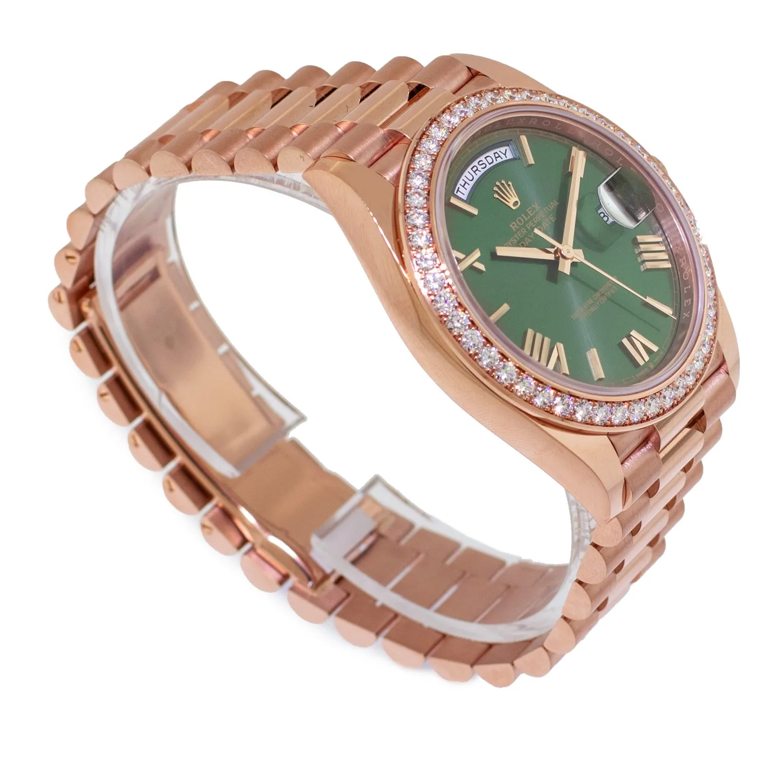 Rolex Day-Date 40mm Everose Gold Olive Green Roman Dial Diamond Bezel 228345