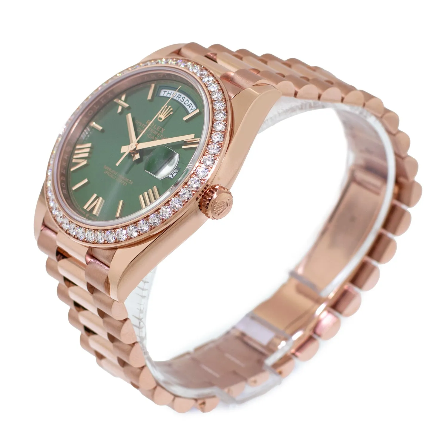 Rolex Day-Date 40mm Everose Gold Olive Green Roman Dial Diamond Bezel 228345