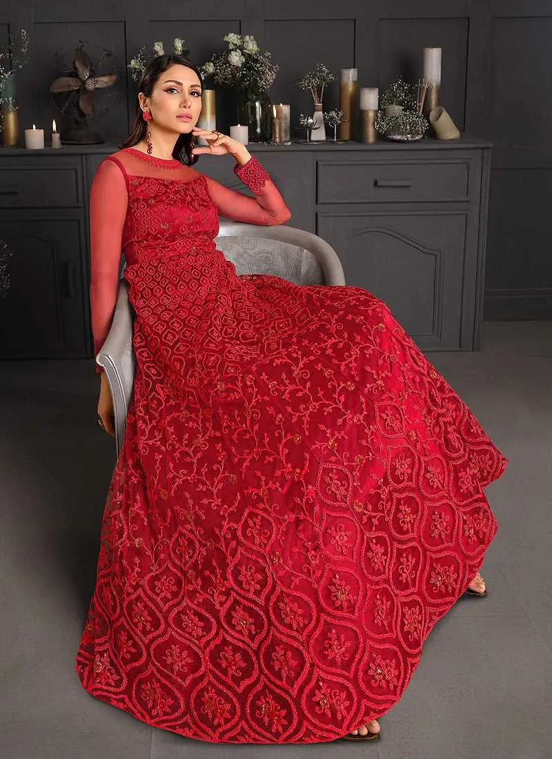 Rose Red Heavy Floral Embroidered Kalidar Gown Style Anarkali