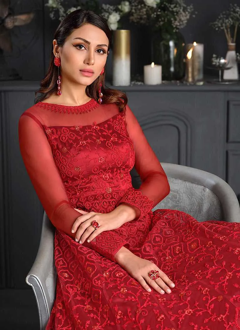 Rose Red Heavy Floral Embroidered Kalidar Gown Style Anarkali