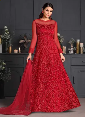 Rose Red Heavy Floral Embroidered Kalidar Gown Style Anarkali