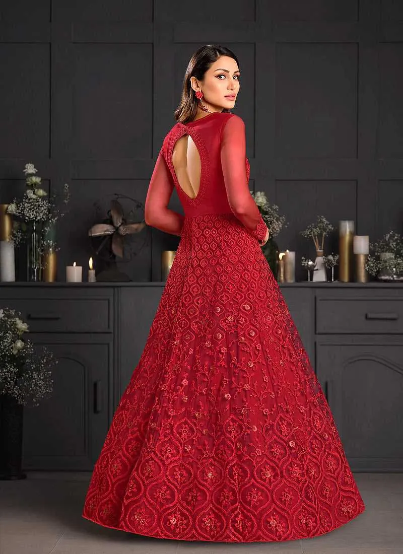 Rose Red Heavy Floral Embroidered Kalidar Gown Style Anarkali