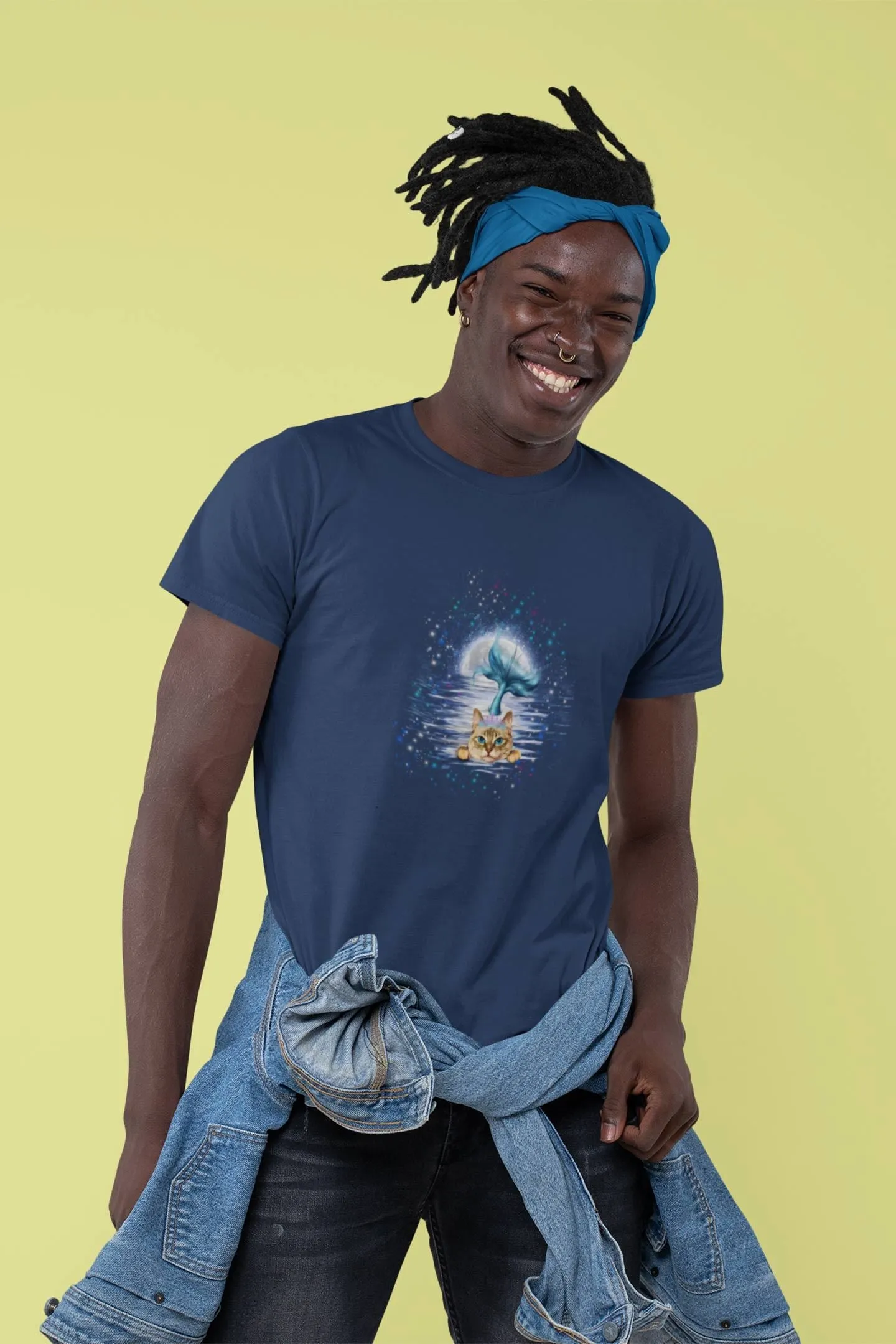 Round Neck T-Shirt (Men) - Little Meowmaid Cat (11 Colours)
