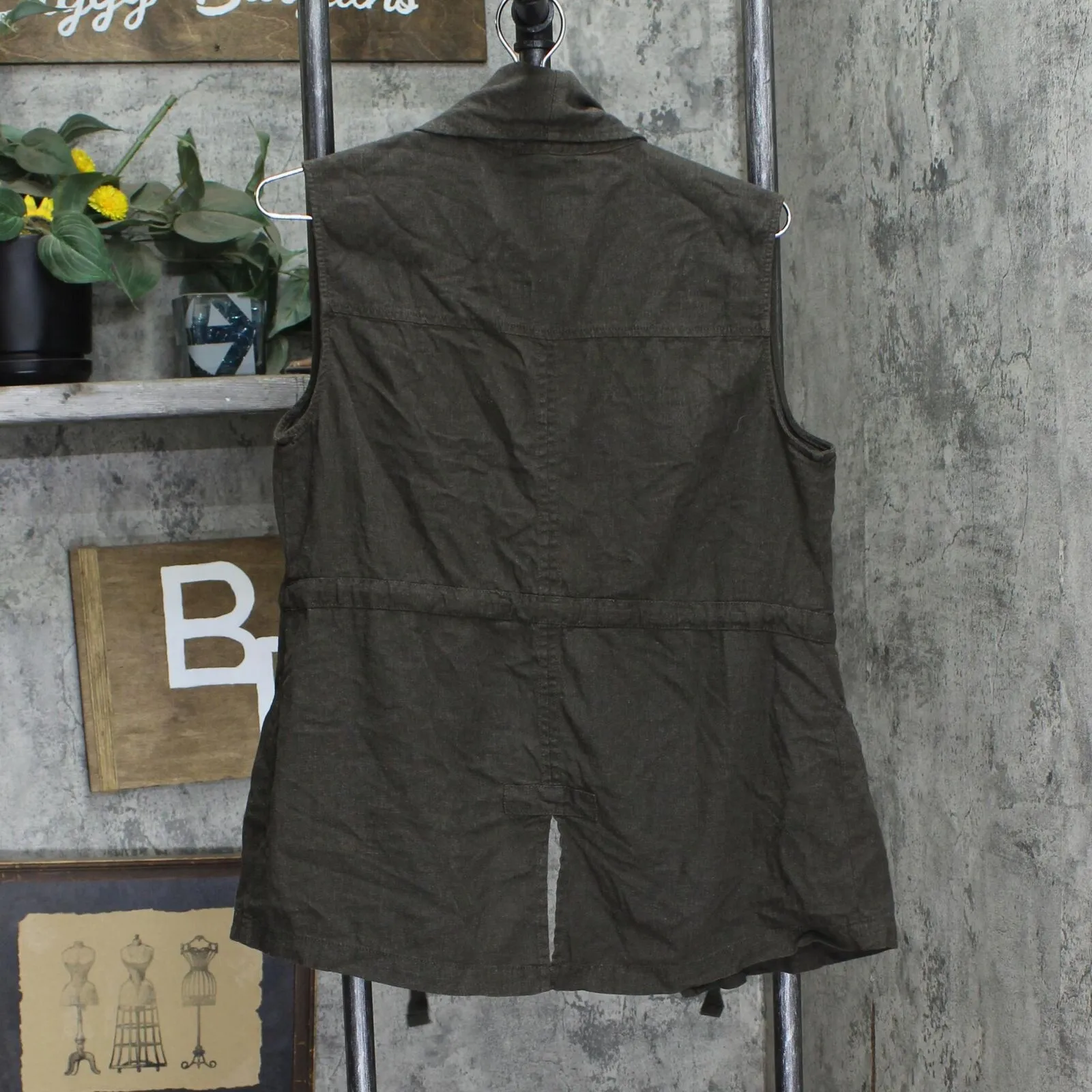 Sanctuary Womens Linen Blend Woven Open Front Tie Vest Dark Green L