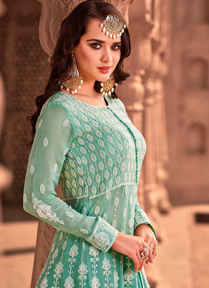 Sea Green Heavy Embroidered Lehenga Style Anarkali