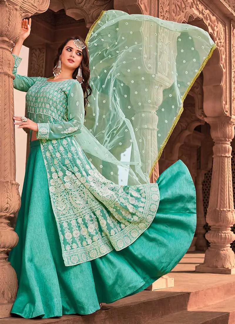Sea Green Heavy Embroidered Lehenga Style Anarkali