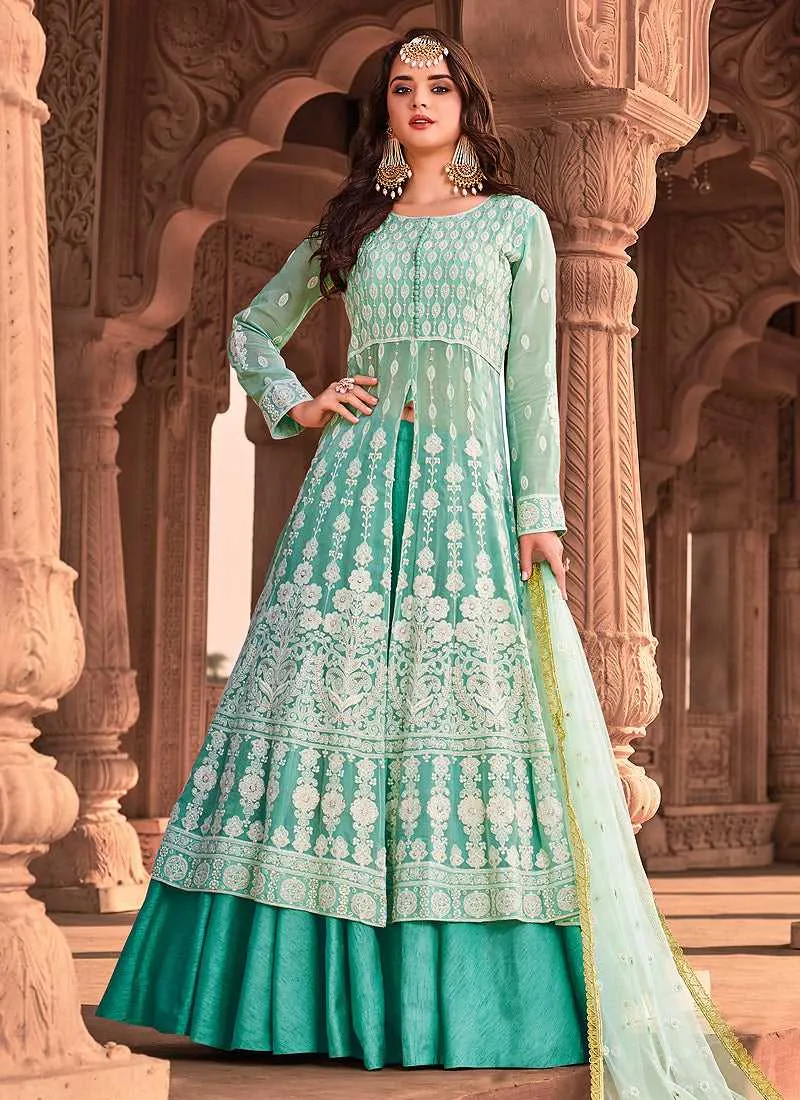 Sea Green Heavy Embroidered Lehenga Style Anarkali
