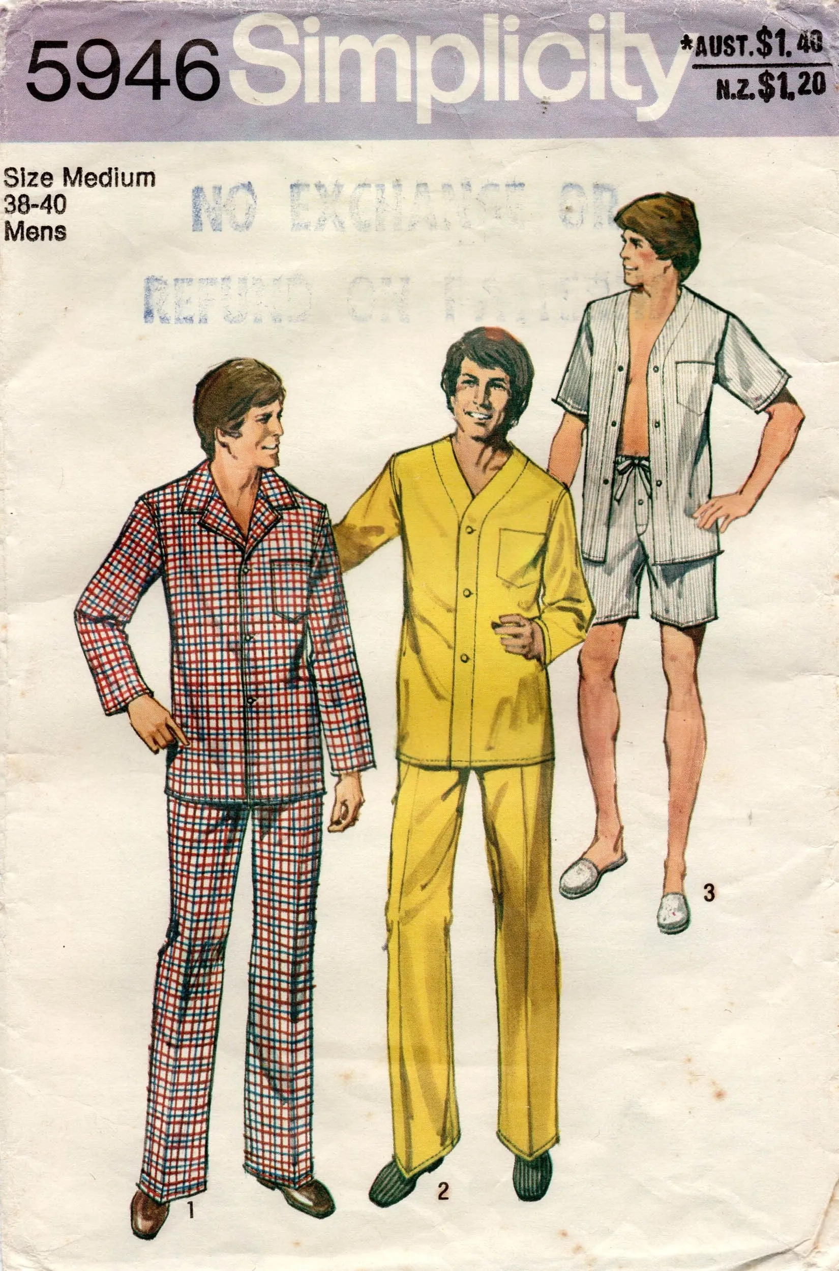 Simplicity 5946 Mens Pajamas 3 Styles 1970s Vintage Sewing Pattern Size MEDIUM Chest 38 - 40 inches