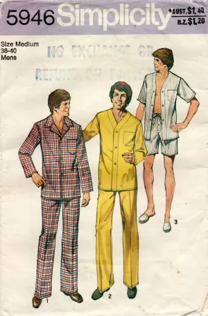 Simplicity 5946 Mens Pajamas 3 Styles 1970s Vintage Sewing Pattern Size MEDIUM Chest 38 - 40 inches
