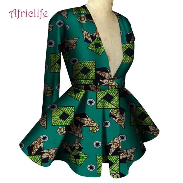 Slim High Waist Long Sleeve  V Collar Lady Fashion Top African Dashiki Print Blouse