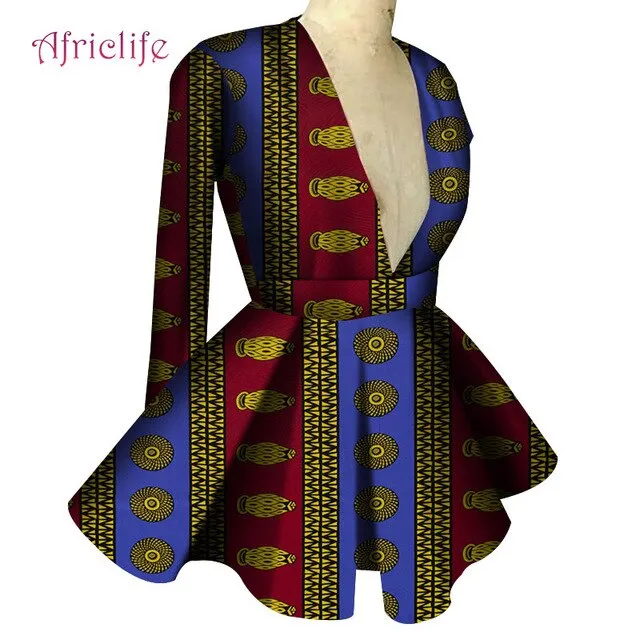 Slim High Waist Long Sleeve  V Collar Lady Fashion Top African Dashiki Print Blouse