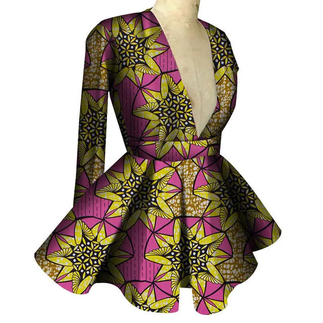 Slim High Waist Long Sleeve  V Collar Lady Fashion Top African Dashiki Print Blouse