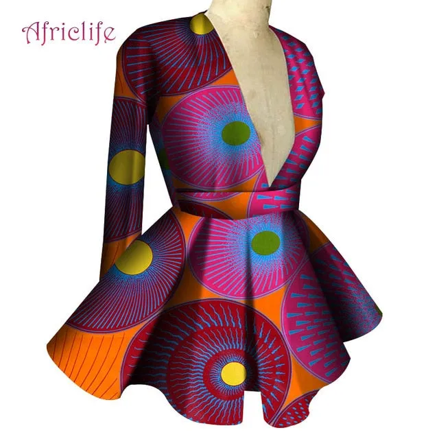 Slim High Waist Long Sleeve  V Collar Lady Fashion Top African Dashiki Print Blouse