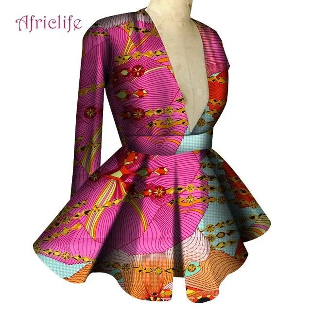 Slim High Waist Long Sleeve  V Collar Lady Fashion Top African Dashiki Print Blouse