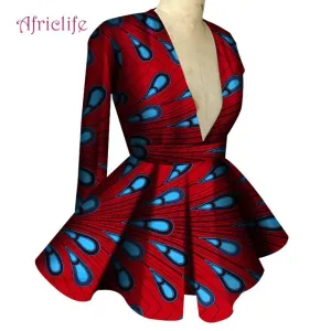 Slim High Waist Long Sleeve  V Collar Lady Fashion Top African Dashiki Print Blouse