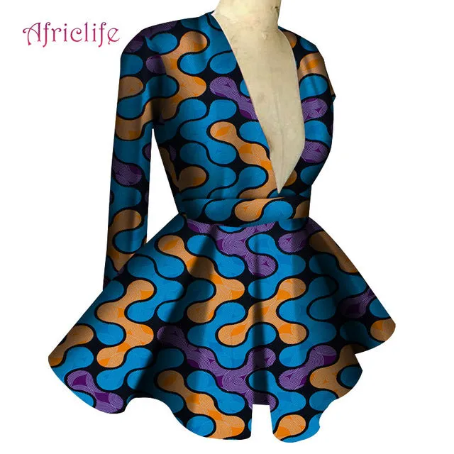 Slim High Waist Long Sleeve  V Collar Lady Fashion Top African Dashiki Print Blouse