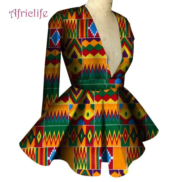 Slim High Waist Long Sleeve  V Collar Lady Fashion Top African Dashiki Print Blouse