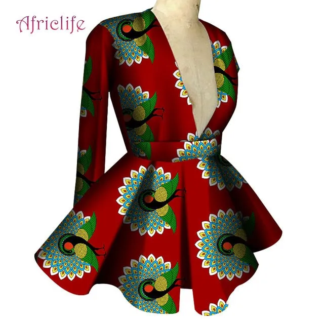 Slim High Waist Long Sleeve  V Collar Lady Fashion Top African Dashiki Print Blouse