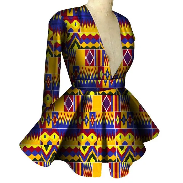 Slim High Waist Long Sleeve  V Collar Lady Fashion Top African Dashiki Print Blouse