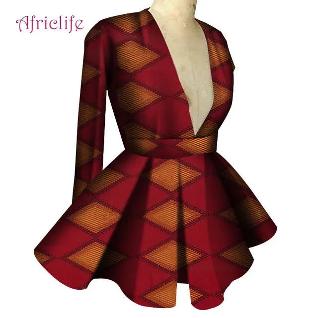 Slim High Waist Long Sleeve  V Collar Lady Fashion Top African Dashiki Print Blouse