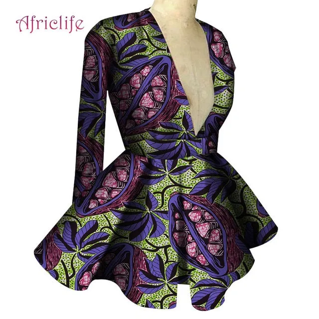 Slim High Waist Long Sleeve  V Collar Lady Fashion Top African Dashiki Print Blouse