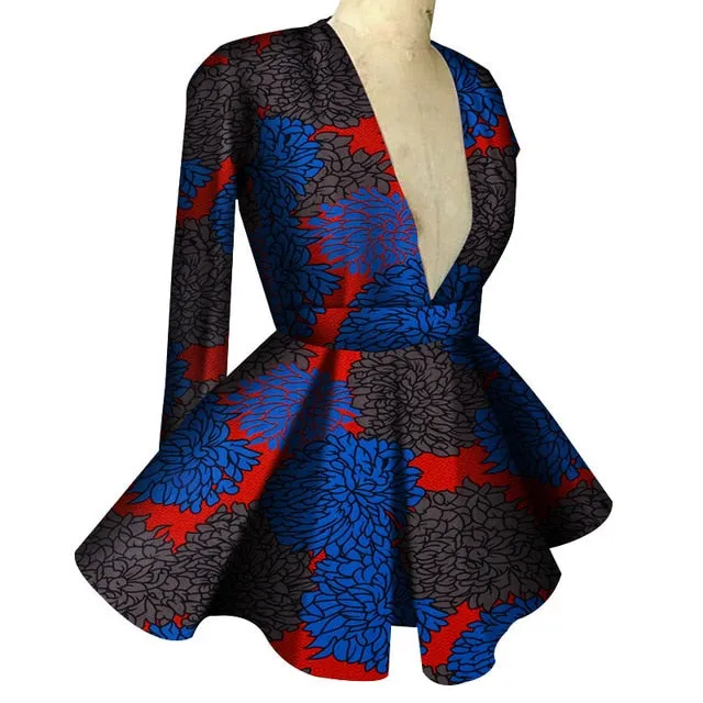 Slim High Waist Long Sleeve  V Collar Lady Fashion Top African Dashiki Print Blouse