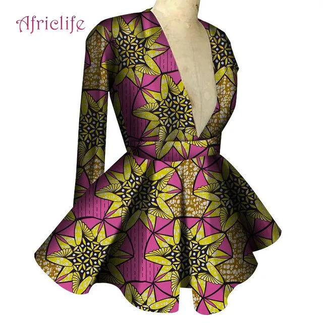 Slim High Waist Long Sleeve  V Collar Lady Fashion Top African Dashiki Print Blouse
